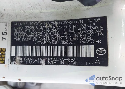 2008 Toyota Prius from USA, damaged, VIN JTDKB20UX87782635